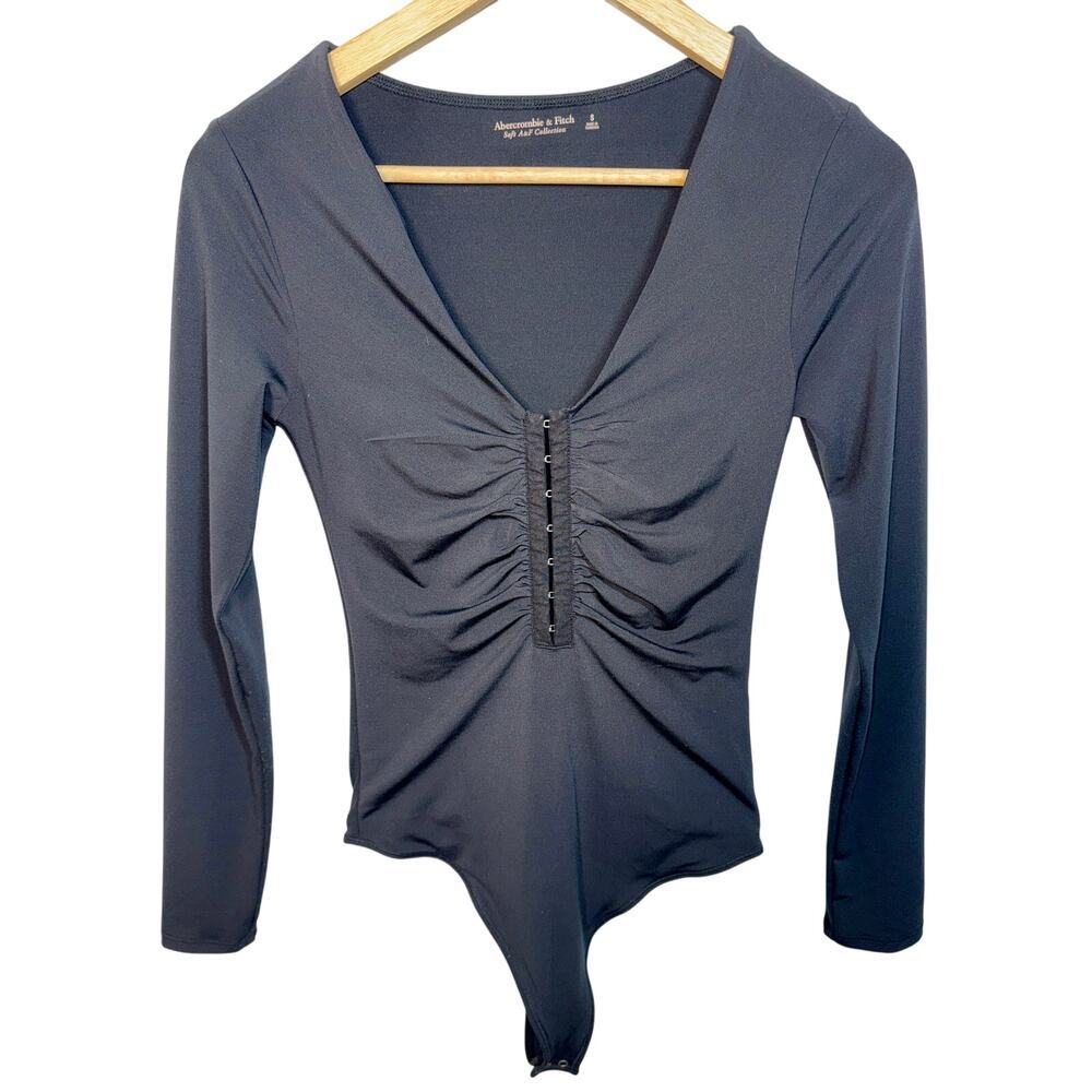Abercrombie & Fitch Soft AF Black V-Neck Ruched Long Sleeve Bodysuit Womens Sz S